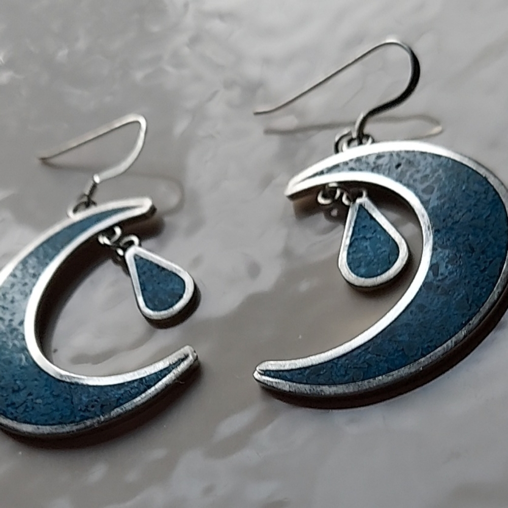 Turquoise Moon Mexico Alpaca Silver Dangle Earrings .925 Earwires + Gift Bag